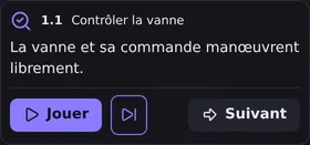 La carte d'une étape en Play : Contrôler la vanne, avec Jouer et Suivant.