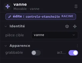 Le panneau Propriétés de la pièce vanne : son identité et son apparence.